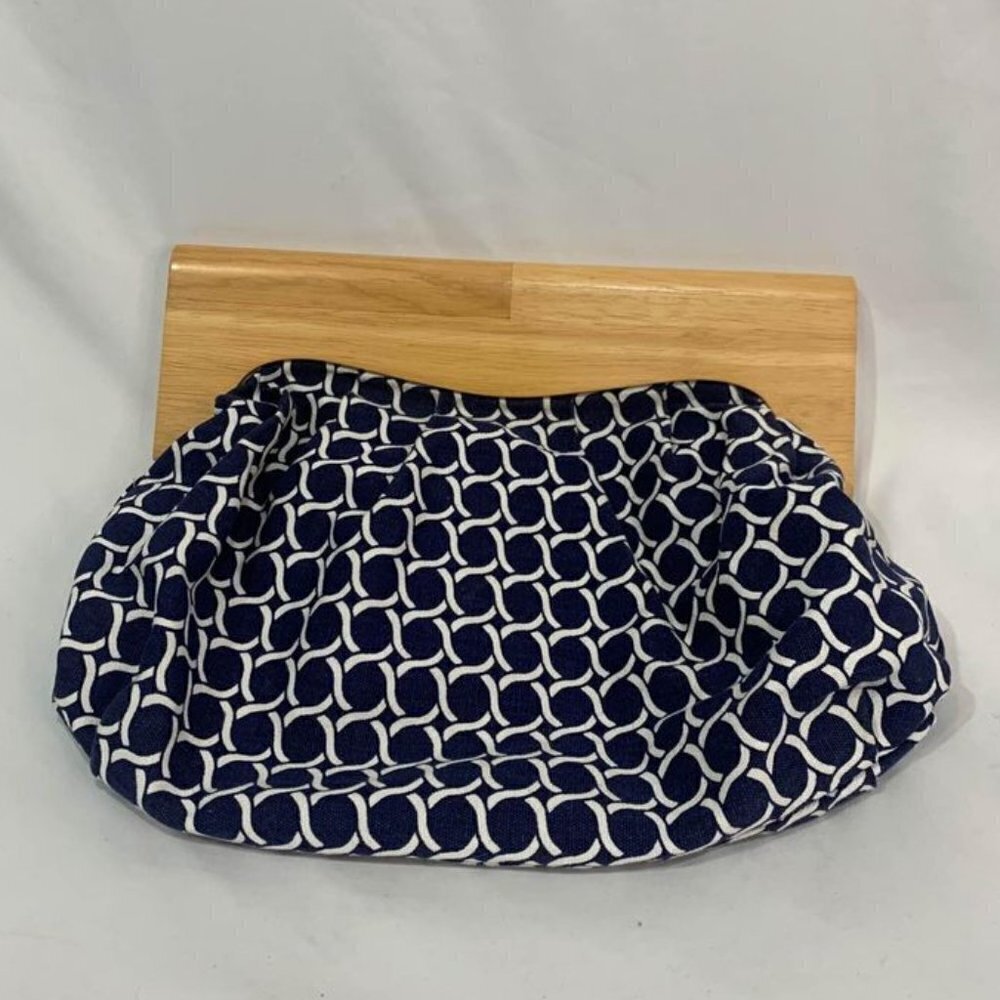WOMAN’S canvas/wood clutch purse. Mediterranean style. New condition. Navy/white
